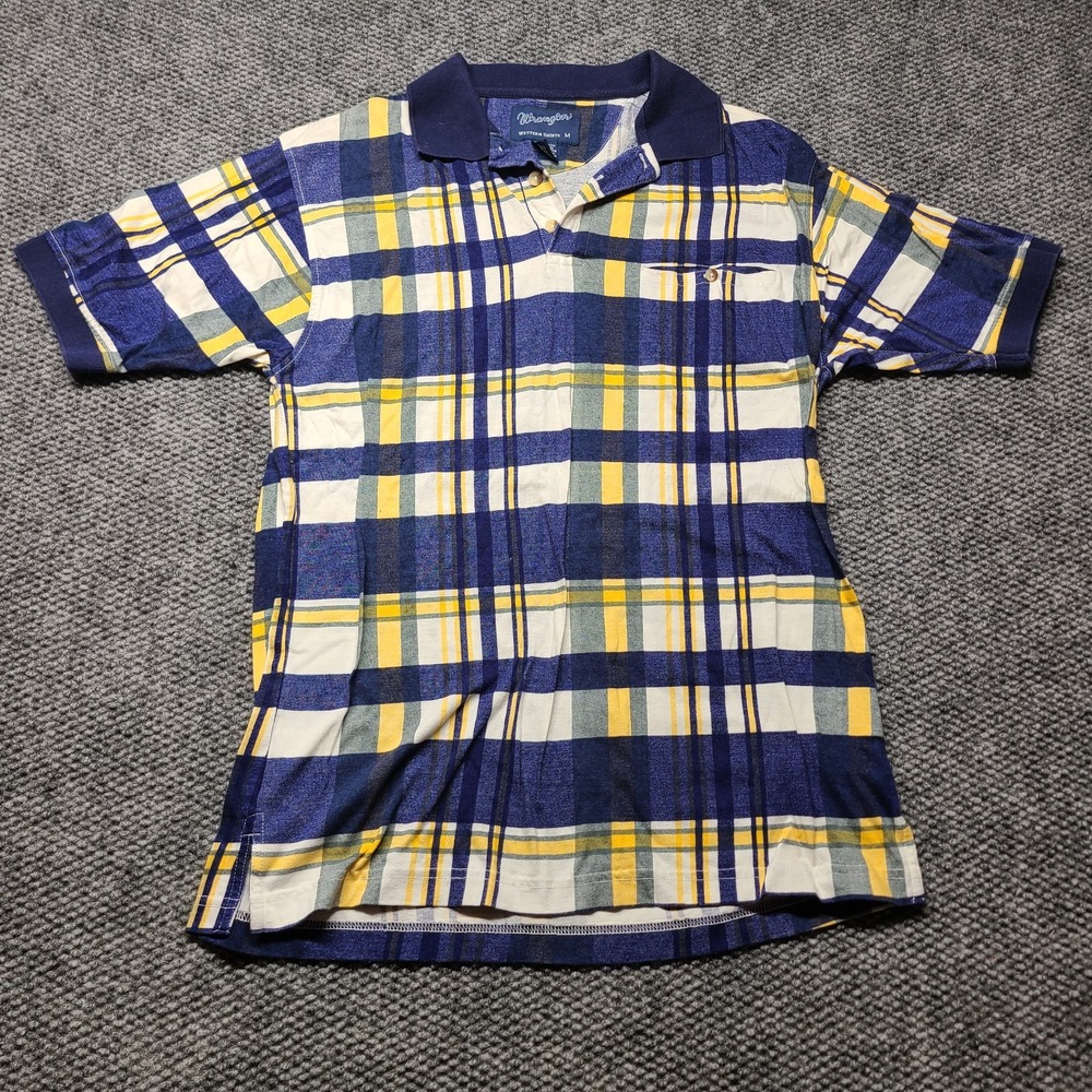 Vintage Wrangler Western Shirts Mens Medium Blue Plaid Cotton Polo ML1114A